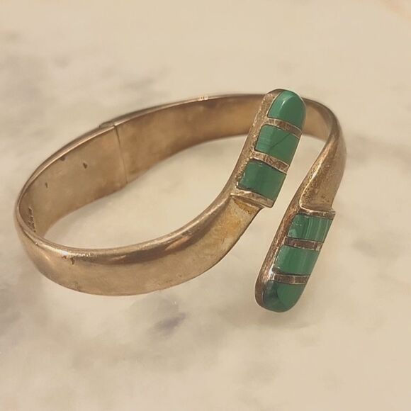 Taxco Jewelry - Signed Vintage Mexico Taxco Malachite 925 Sterling Silver Bangle Bracelet Cuff
